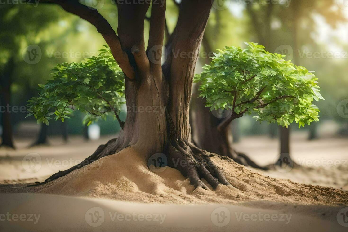 un árbol con raíces creciente fuera de el arena. generado por ai foto