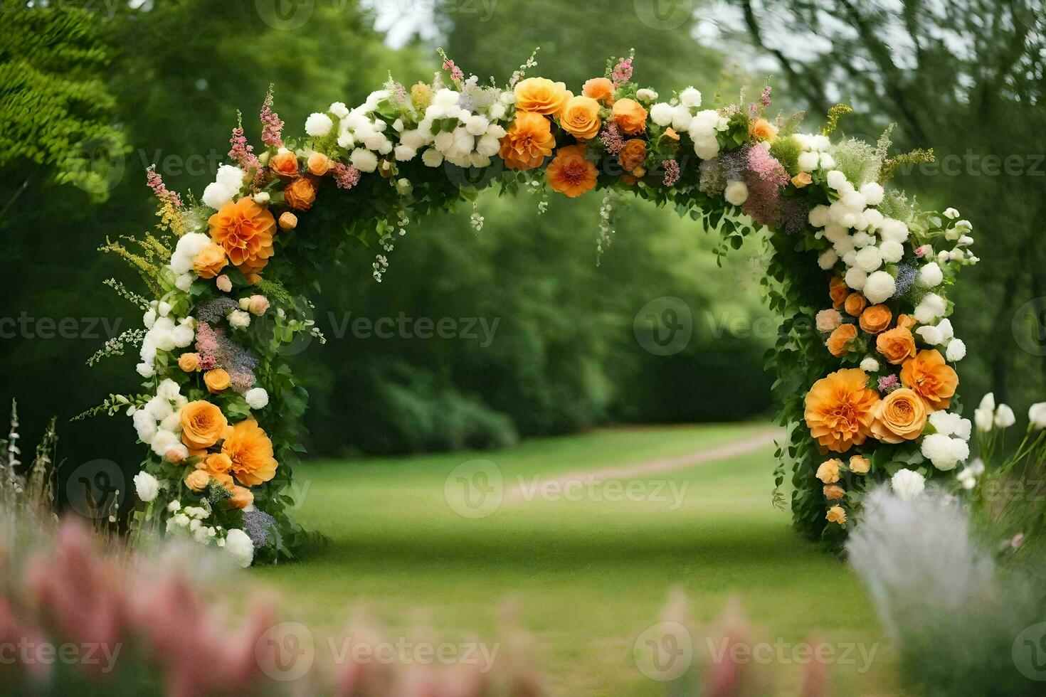 an archway with flowers in the grass. AI-Generated photo