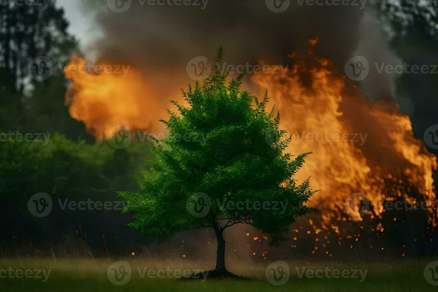 a tree is burning in the background. AI-Generated photo