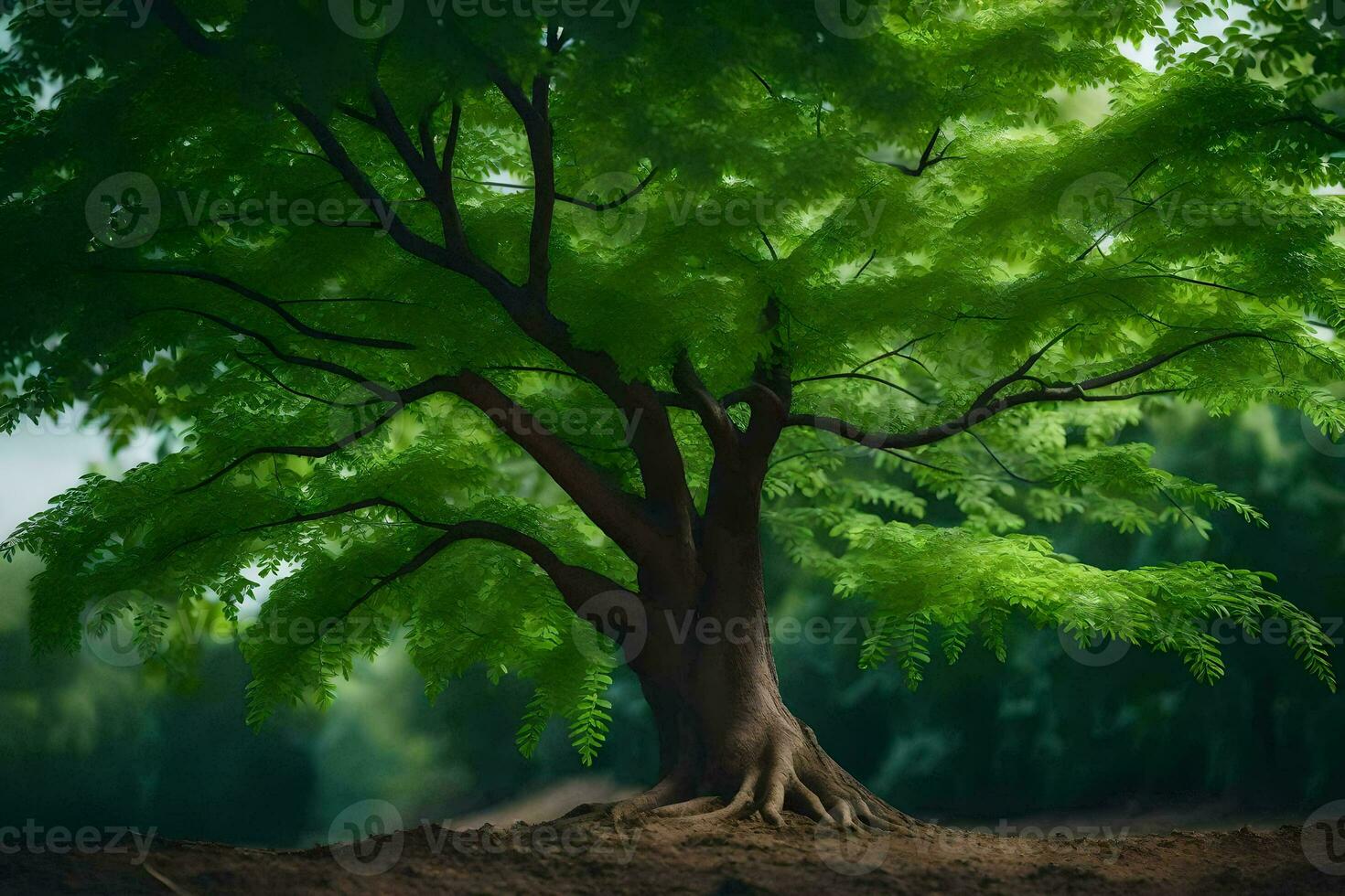 a large tree in the middle of a forest. AI-Generated photo