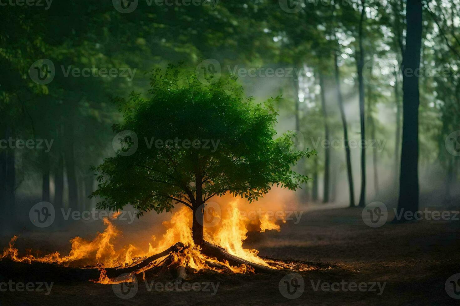 a tree is burning in the middle of a forest. AI-Generated photo
