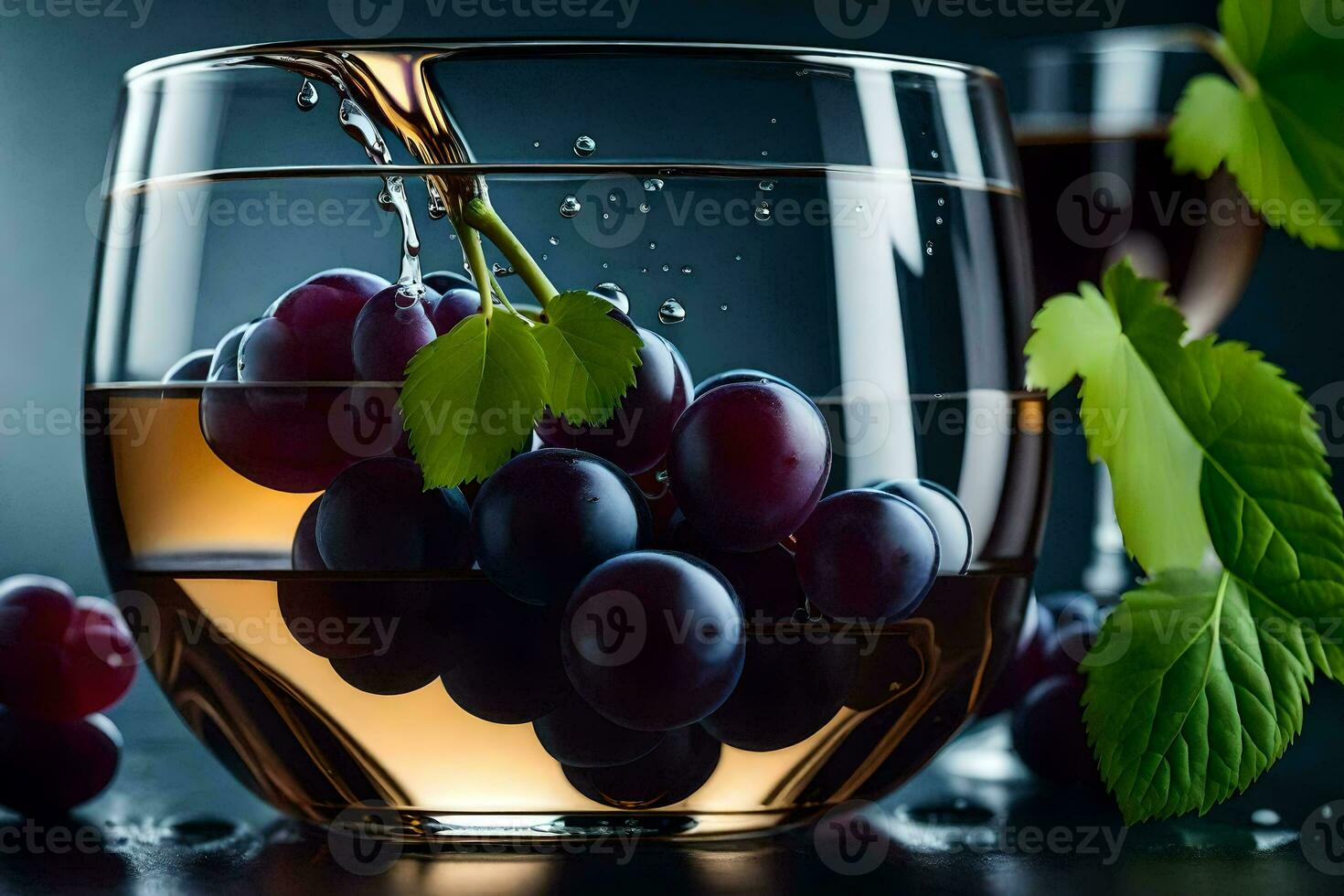a glass of wine with grapes and leaves. AI-Generated photo