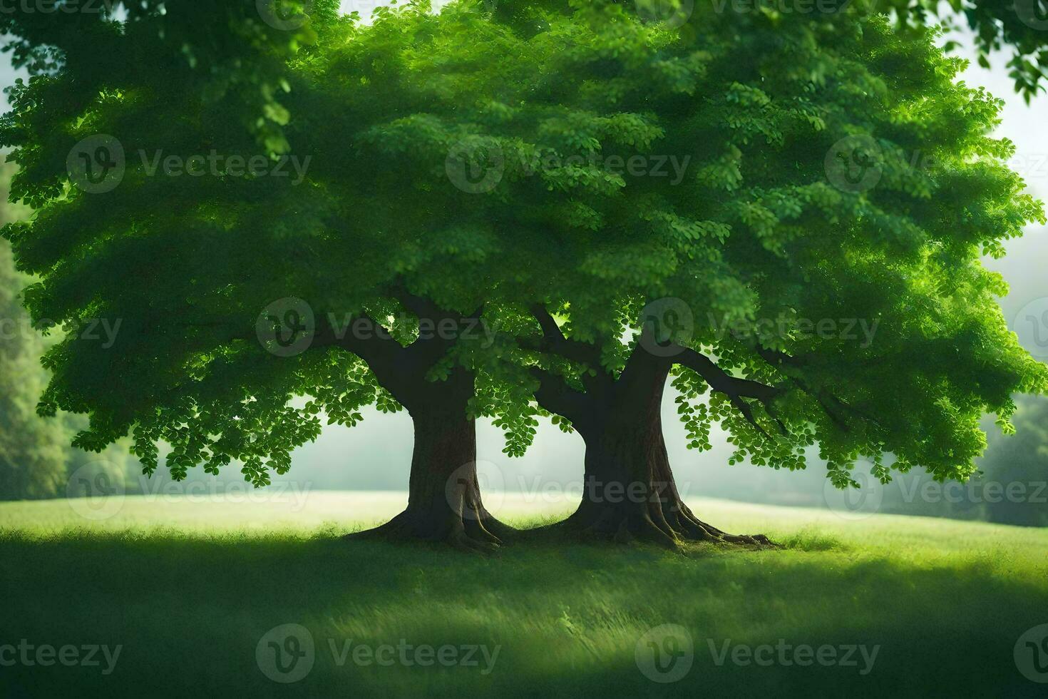 two trees in the middle of a field. AI-Generated photo