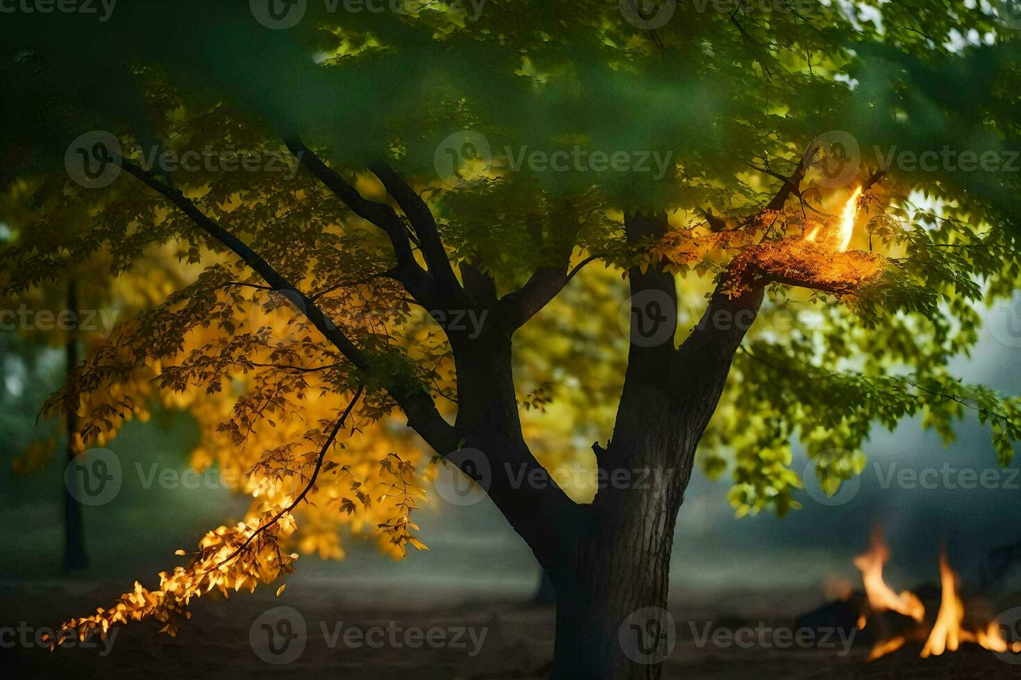 a tree with flames coming from it in the woods. AI-Generated photo