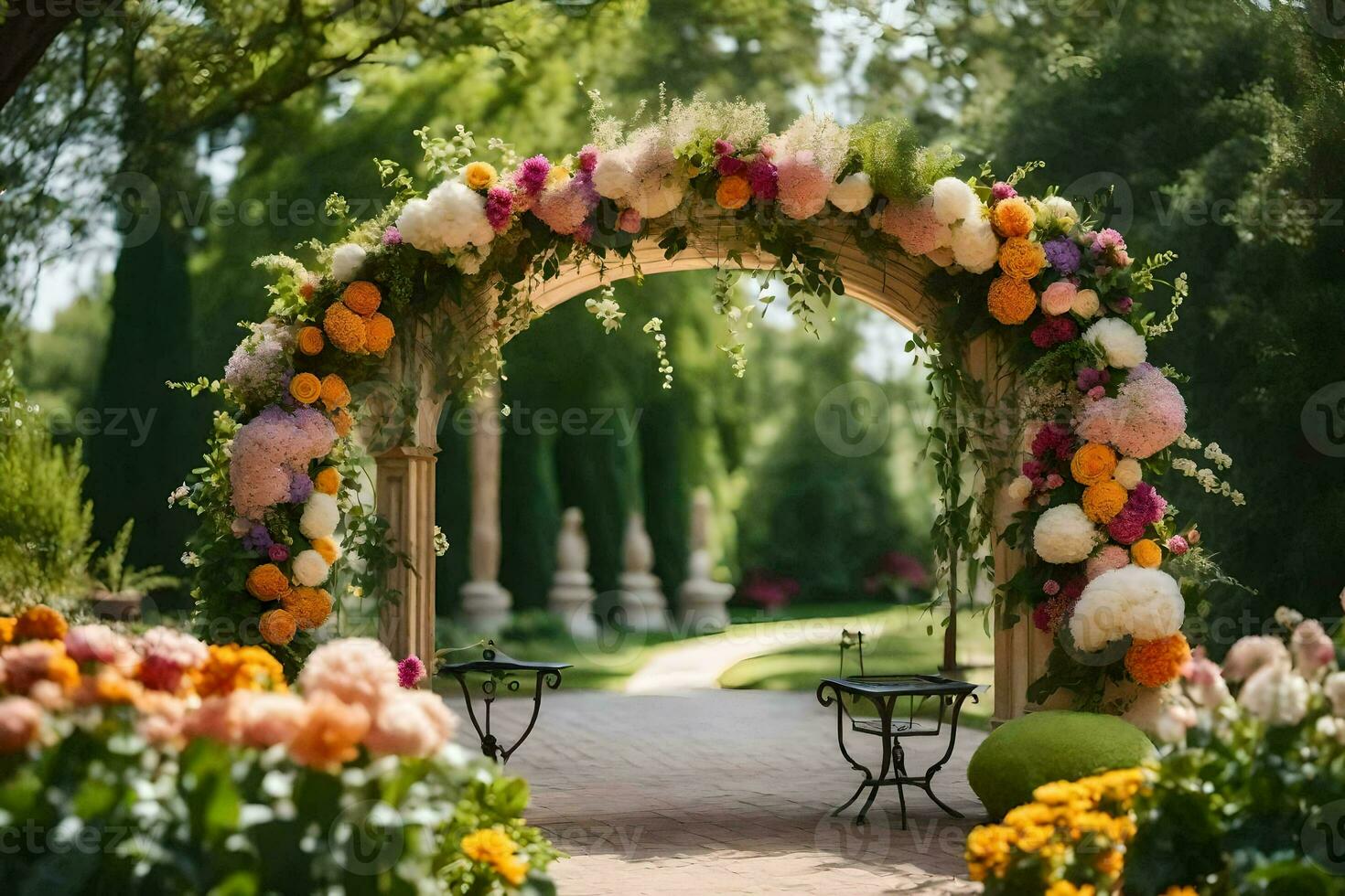 an archway decorated with flowers and greenery. AI-Generated photo