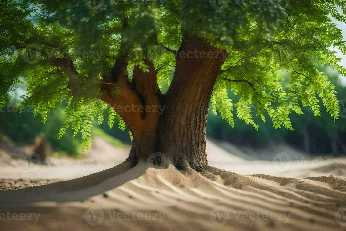 a tree in the desert with sand dunes in the background. AI-Generated photo