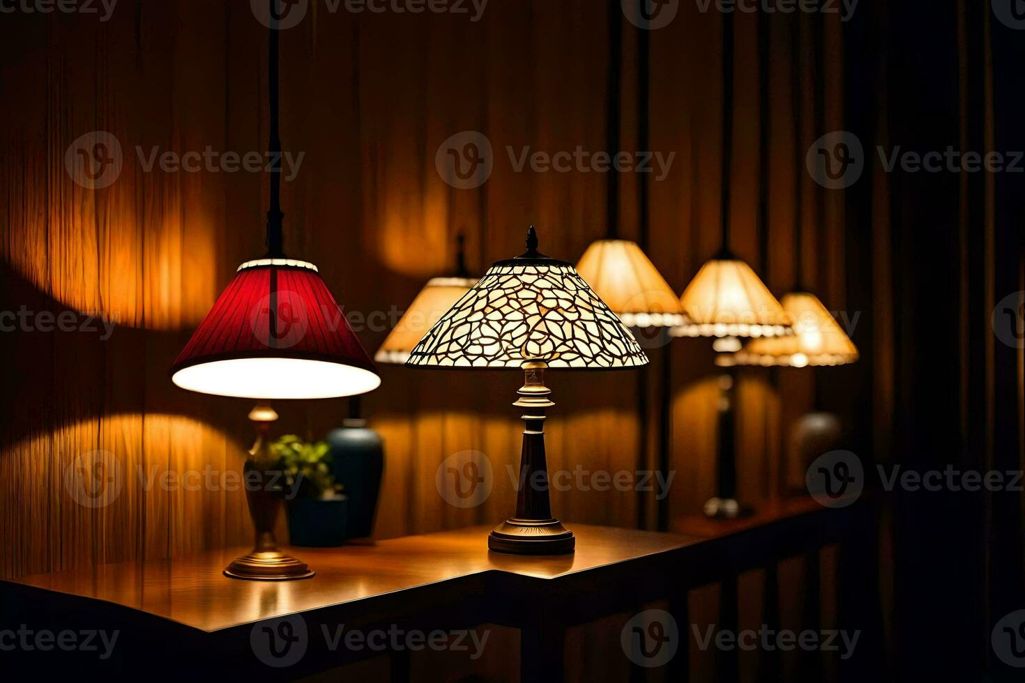 a row of lamps on a table in a dark room. AI-Generated photo