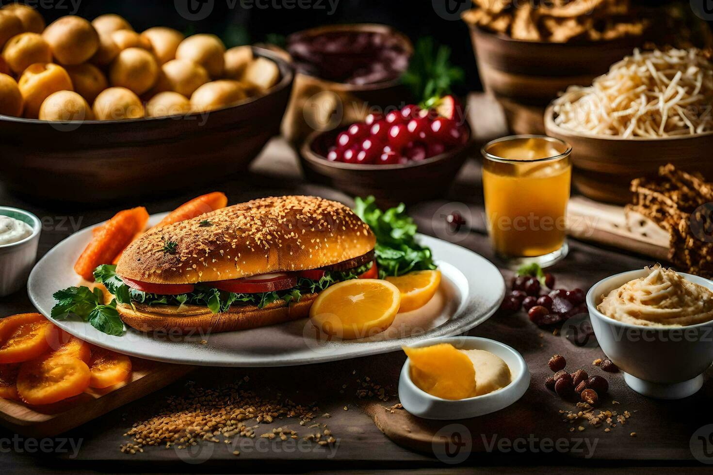 a sandwich and other foods on a table. AI-Generated photo