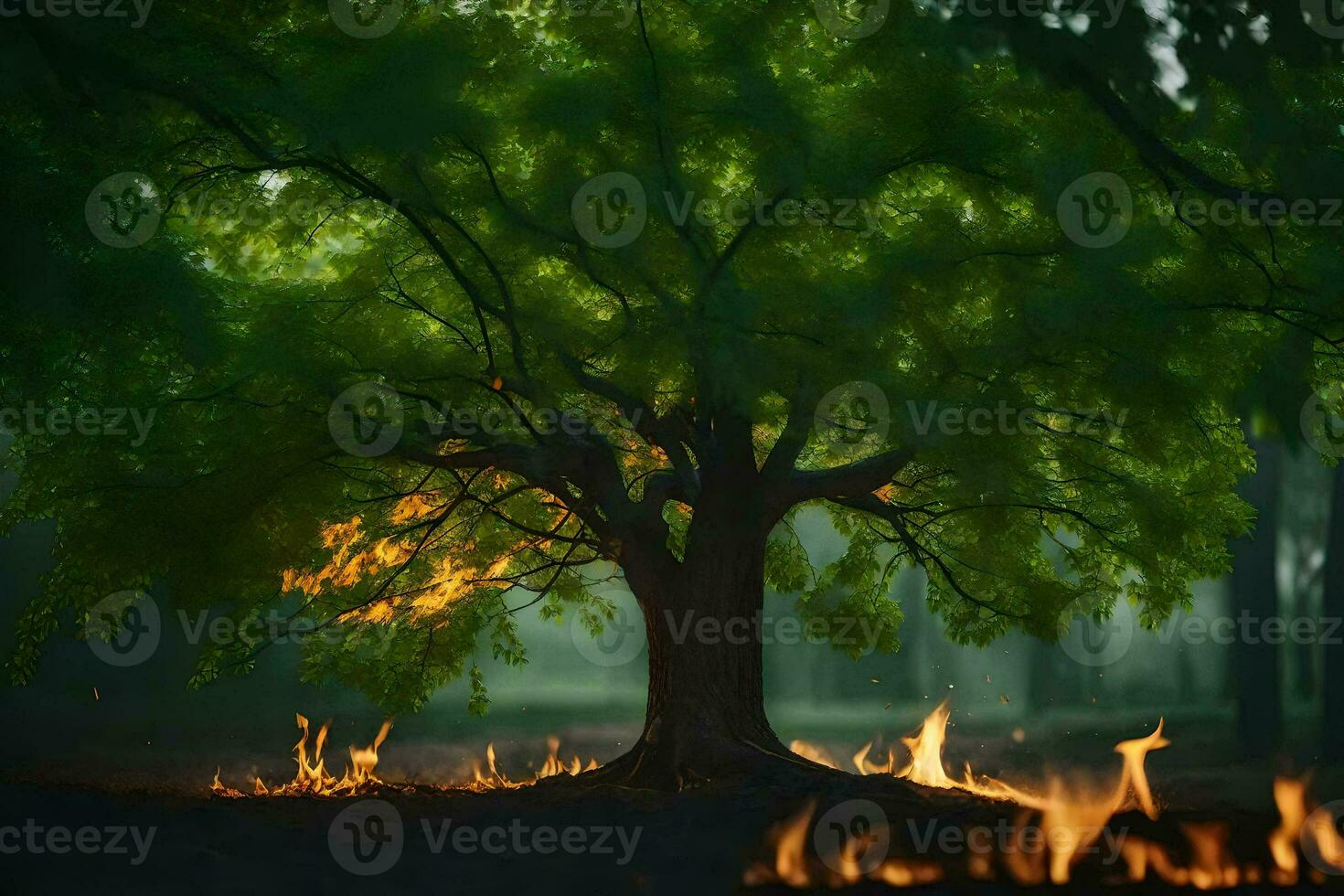 a tree with flames coming out of it in the middle of a forest. AI-Generated photo