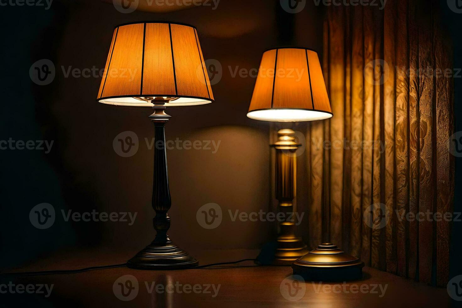 two lamps on a table in front of a wall. AI-Generated photo