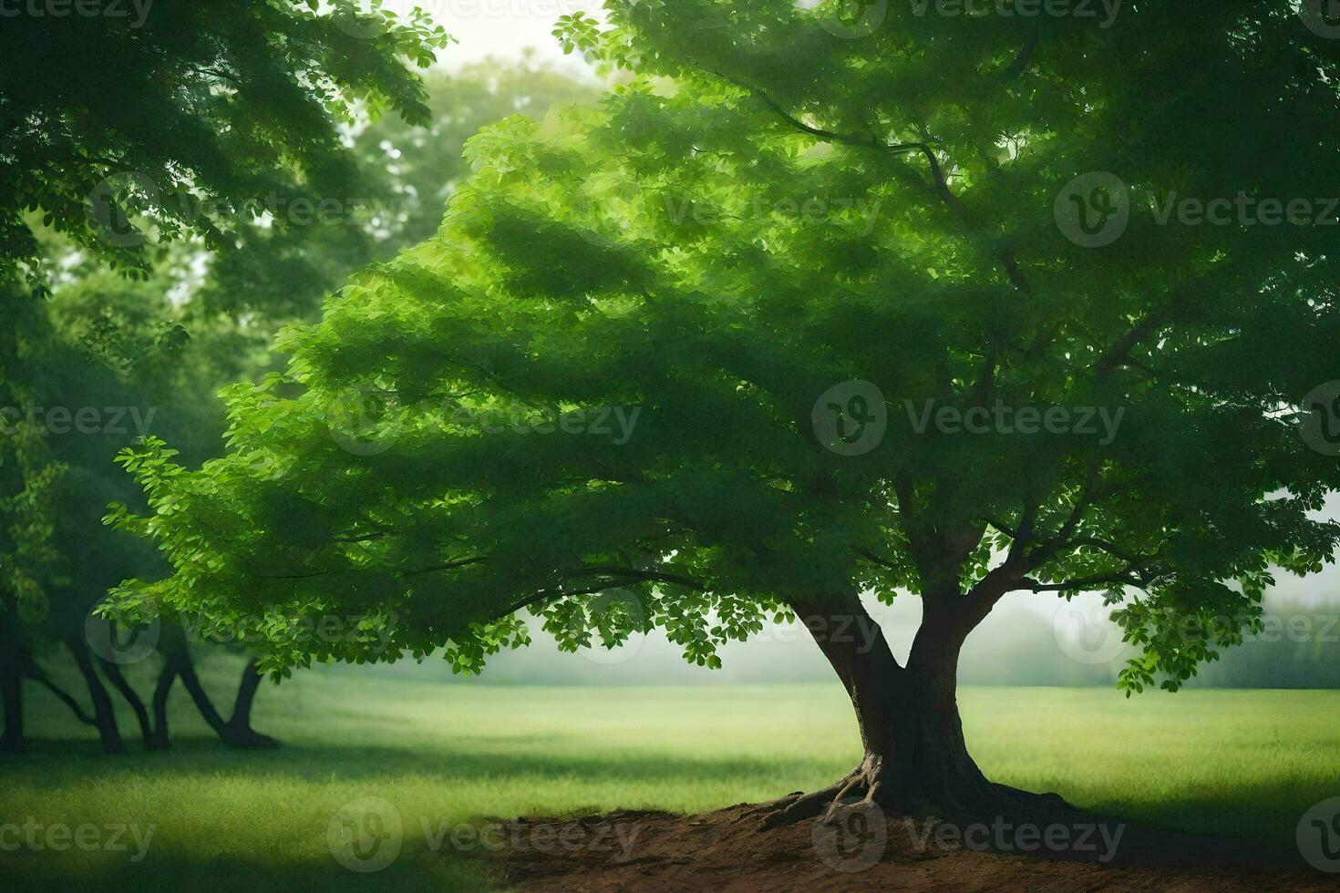 a tree in a field with green grass. AI-Generated photo