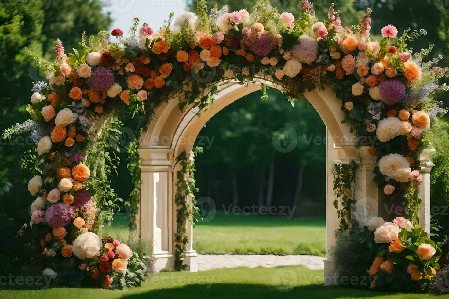 an archway with flowers and greenery. AI-Generated photo