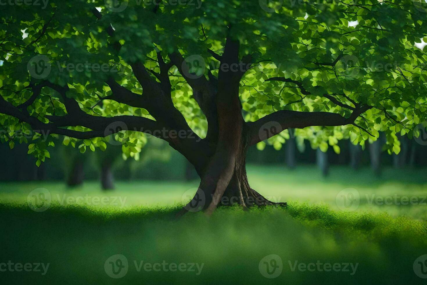 a tree in the middle of a green field. AI-Generated photo