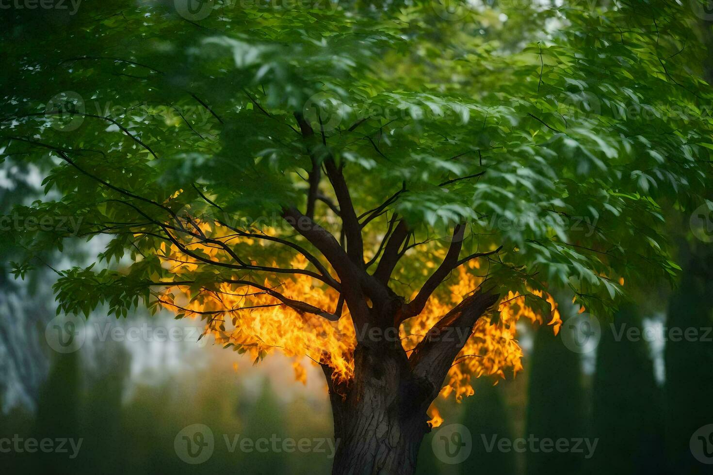 a tree with flames coming out of it. AI-Generated photo