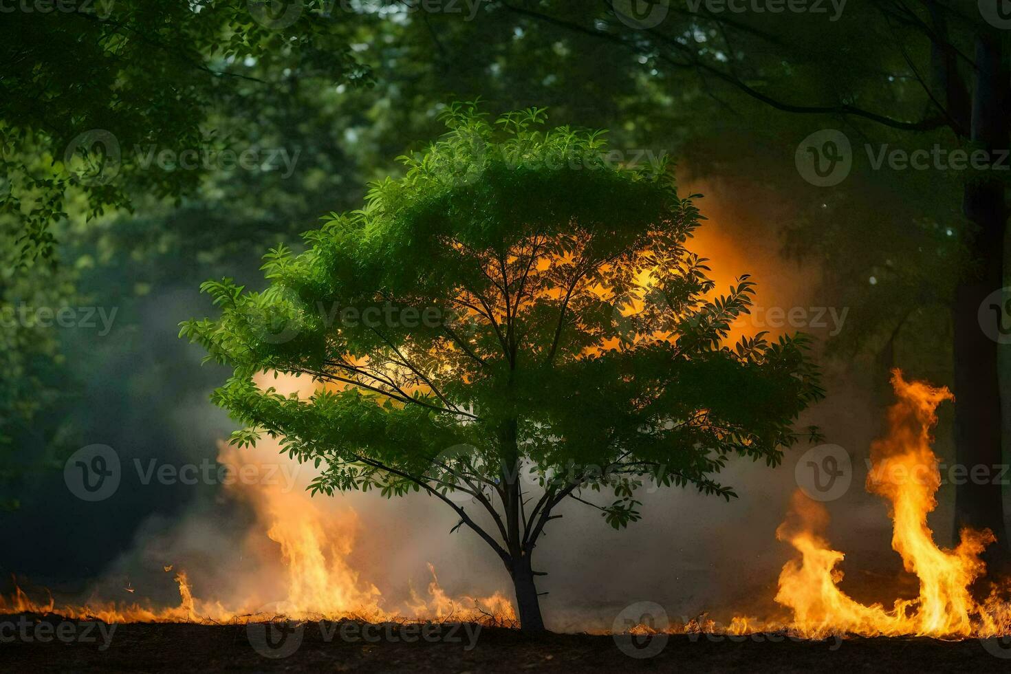 a tree is burning in the forest. AI-Generated photo