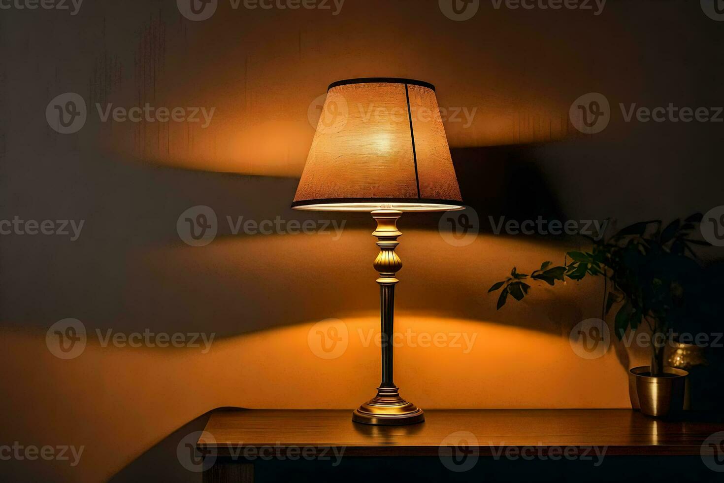 a lamp on a table in front of a wall. AI-Generated photo