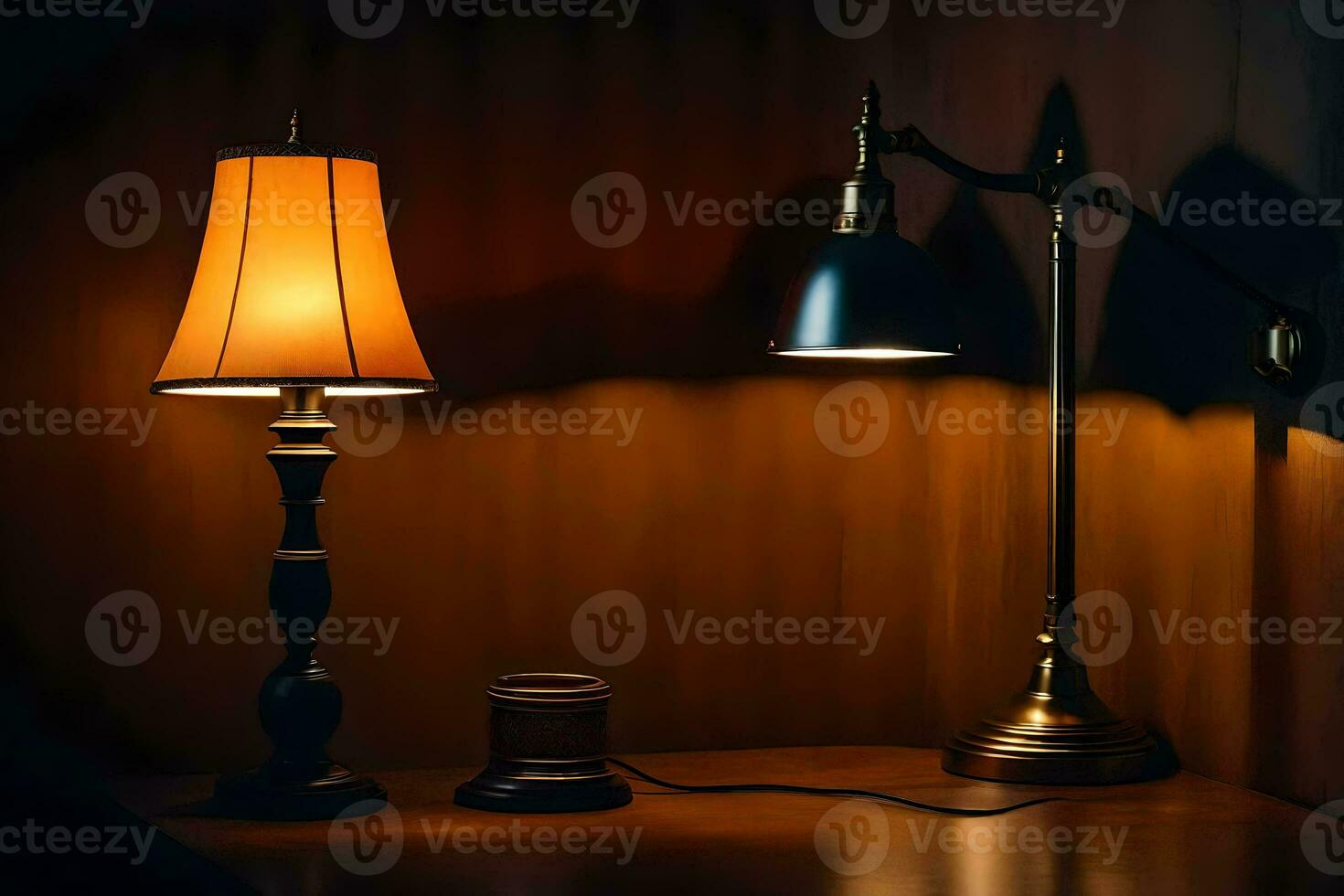 two lamps on a table in the dark. AI-Generated photo
