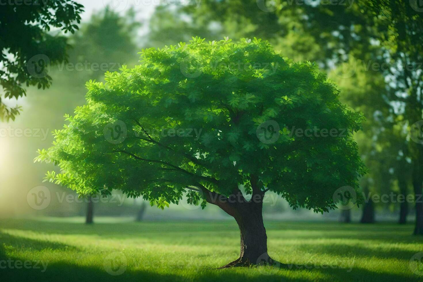 a tree in a green field with sunlight shining through. AI-Generated photo