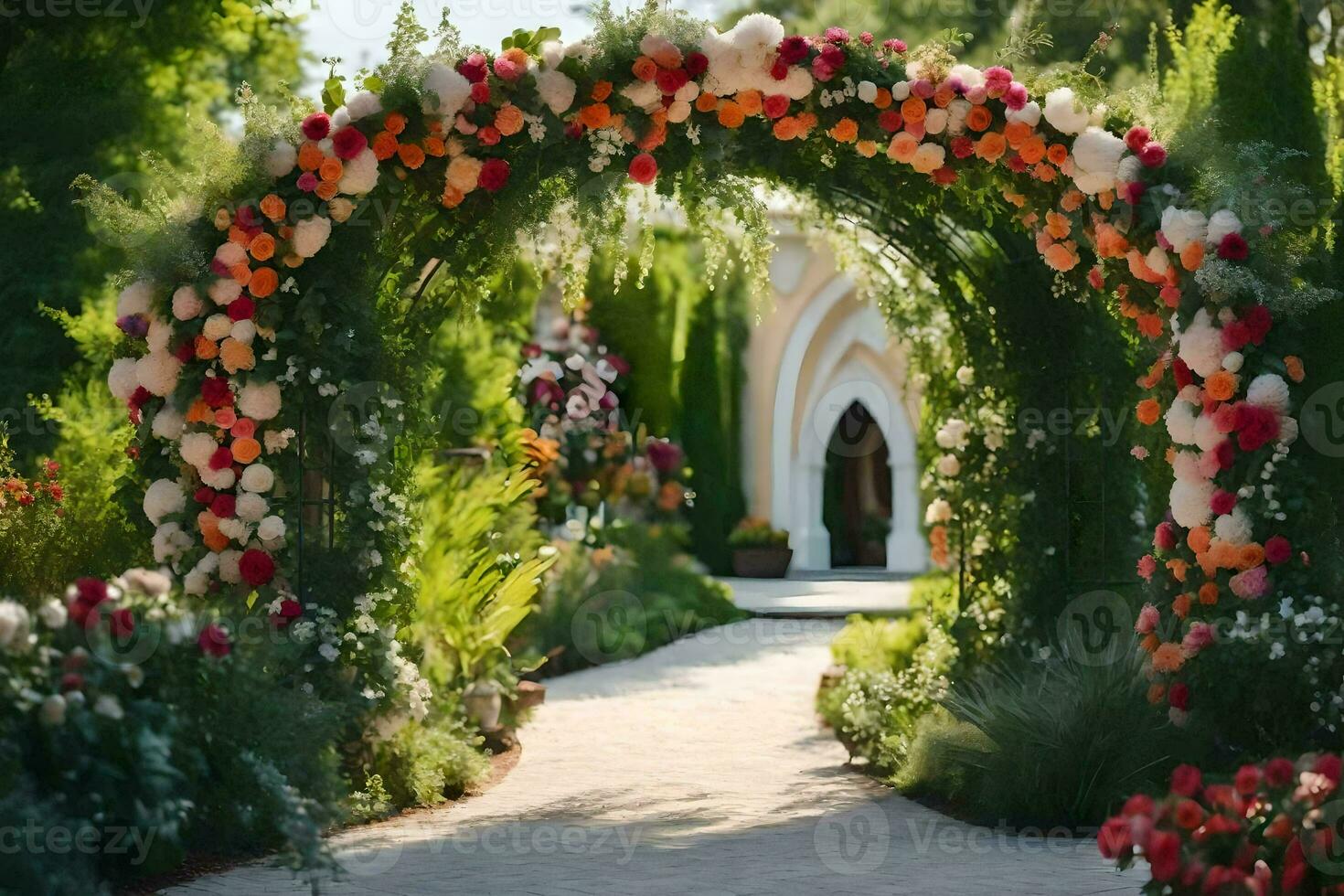 a walkway with flowers and archway. AI-Generated photo