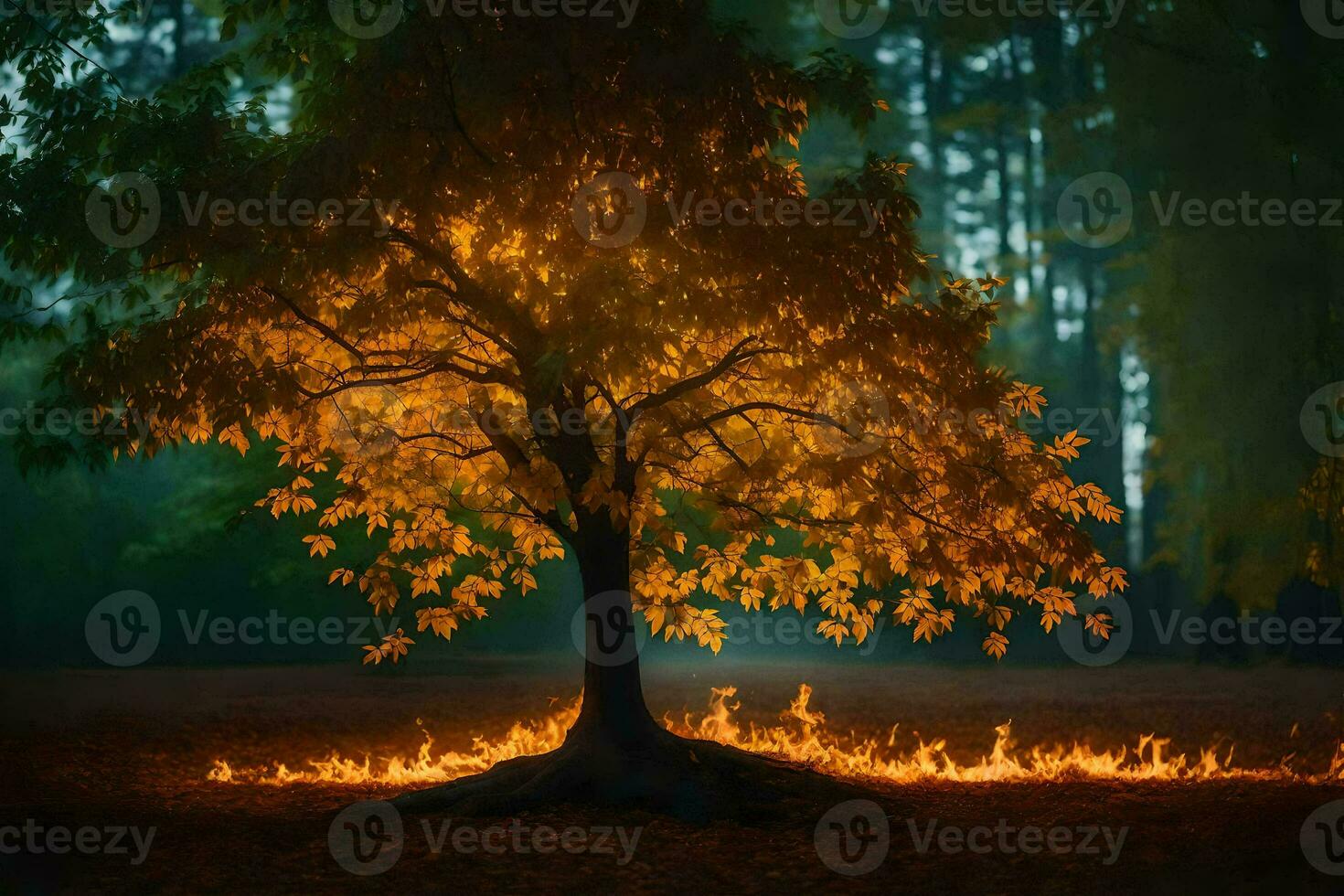 a tree with flames coming out of it in the middle of a forest. AI-Generated photo