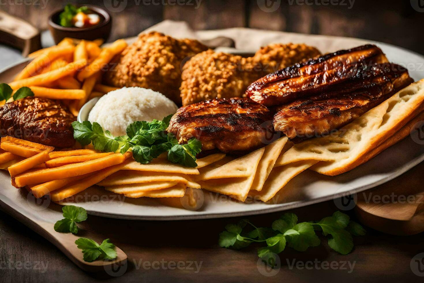 a plate of food with chicken, fries and bread. AI-Generated photo