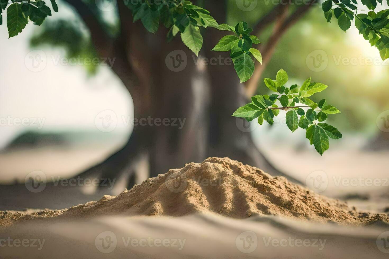a tree and sand in the desert. AI-Generated photo