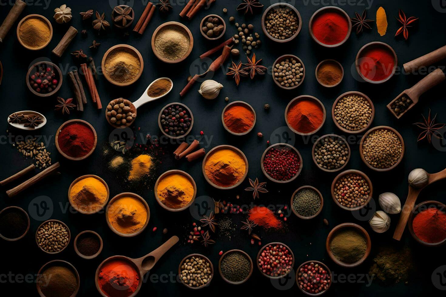 various spices and herbs in bowls on a black background. AI-Generated photo