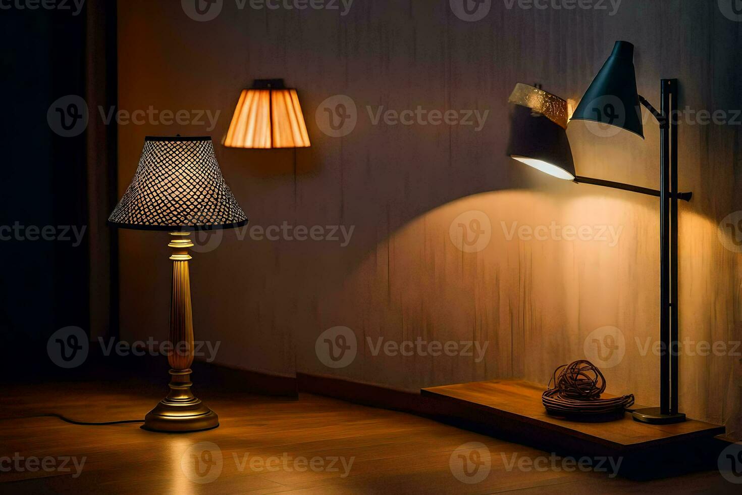 a lamp is on a wooden floor next to a lamp. AI-Generated photo