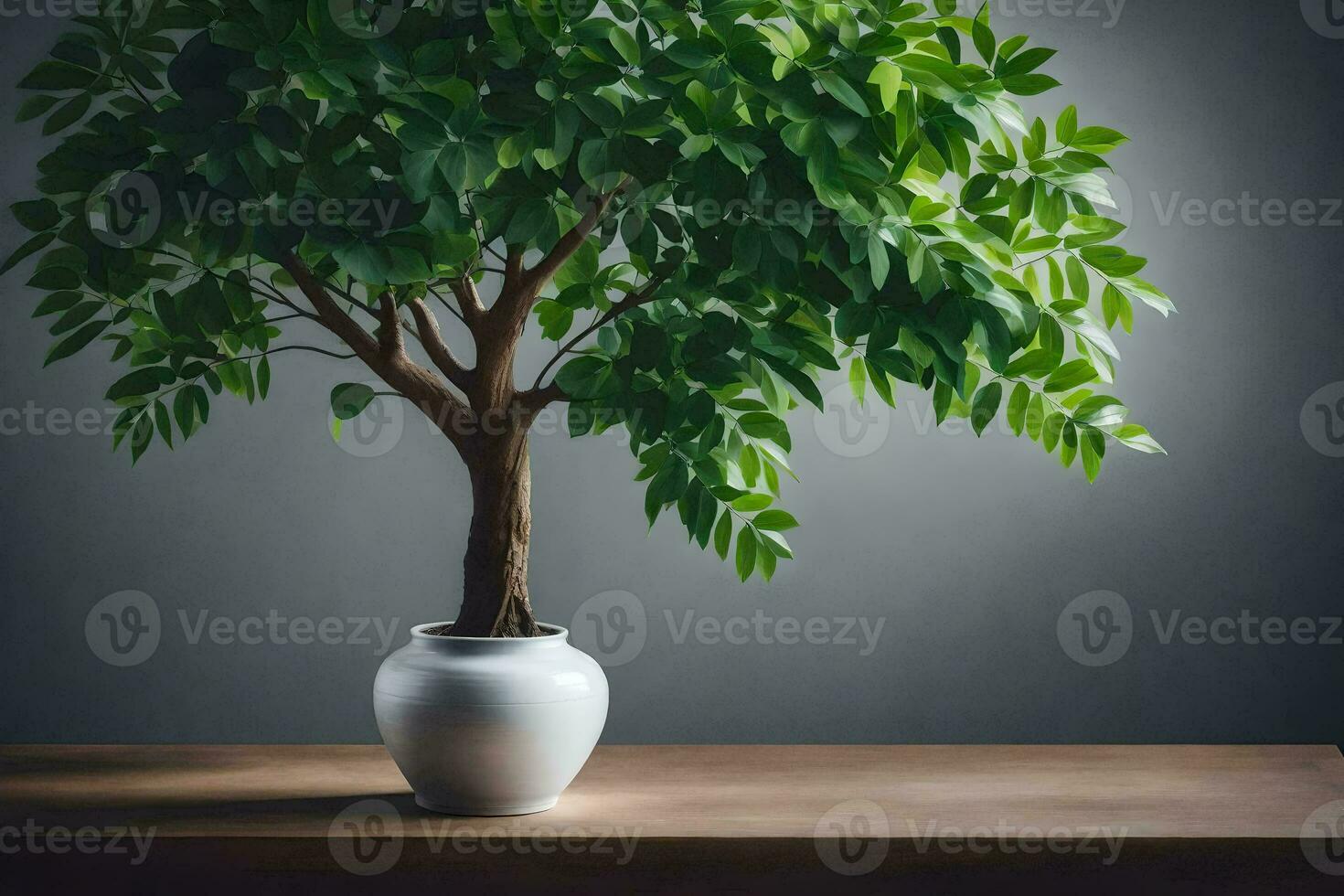 a potted tree in a vase on a table. AI-Generated photo