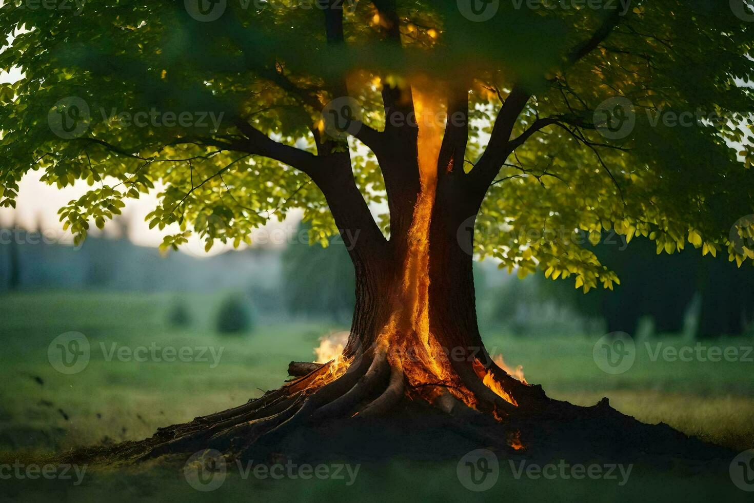 a tree with flames coming out of it. AI-Generated photo