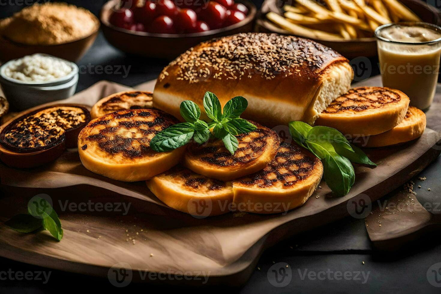 a wooden cutting board with bread, fries and other foods. AI-Generated photo