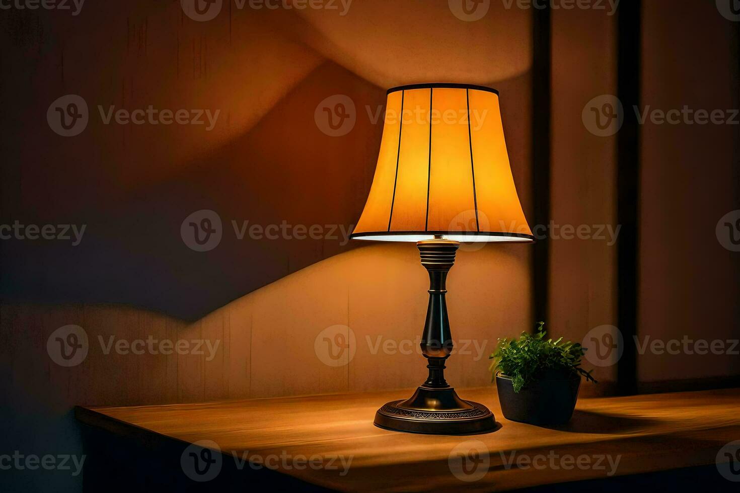 a lamp on a table in front of a wall. AI-Generated photo