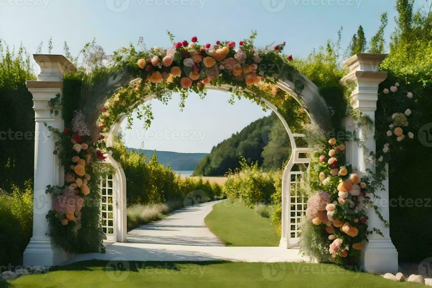 un arco con flores y verdor en frente de un jardín. generado por ai foto