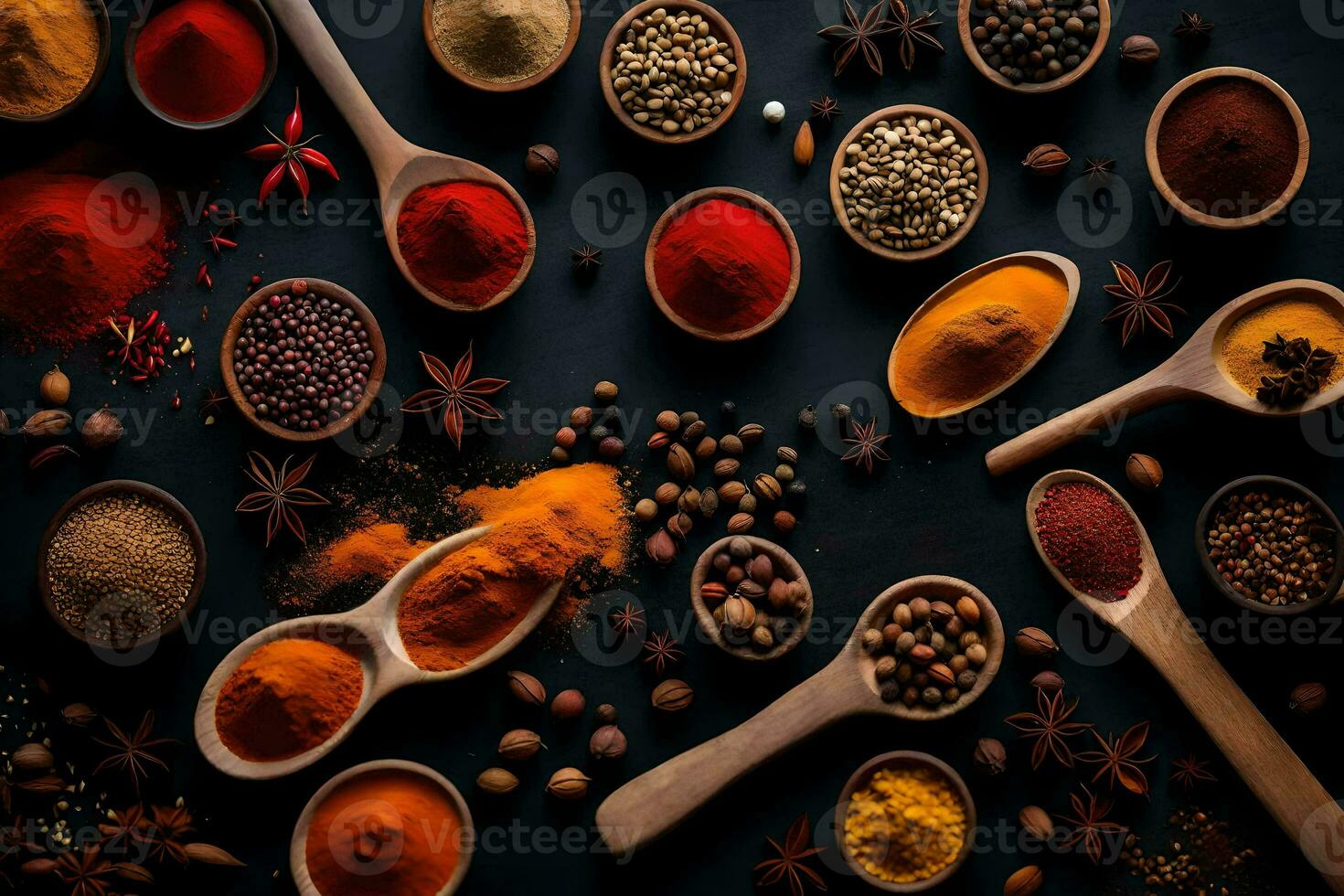 various spices and spices on a black background. AI-Generated photo