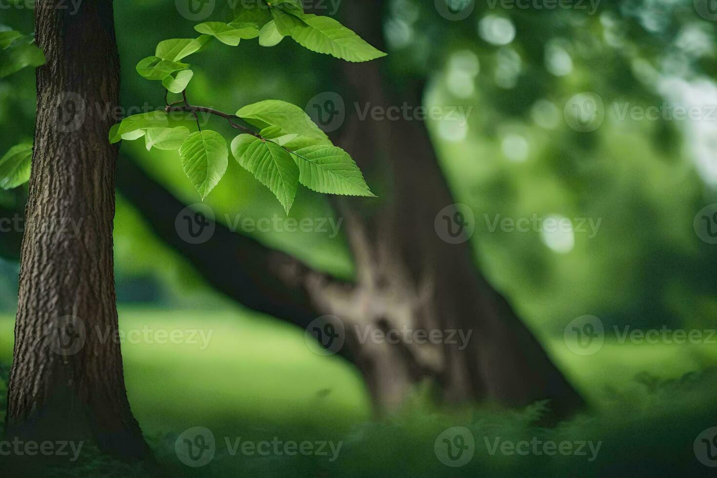 a green tree in the middle of a field. AI-Generated photo