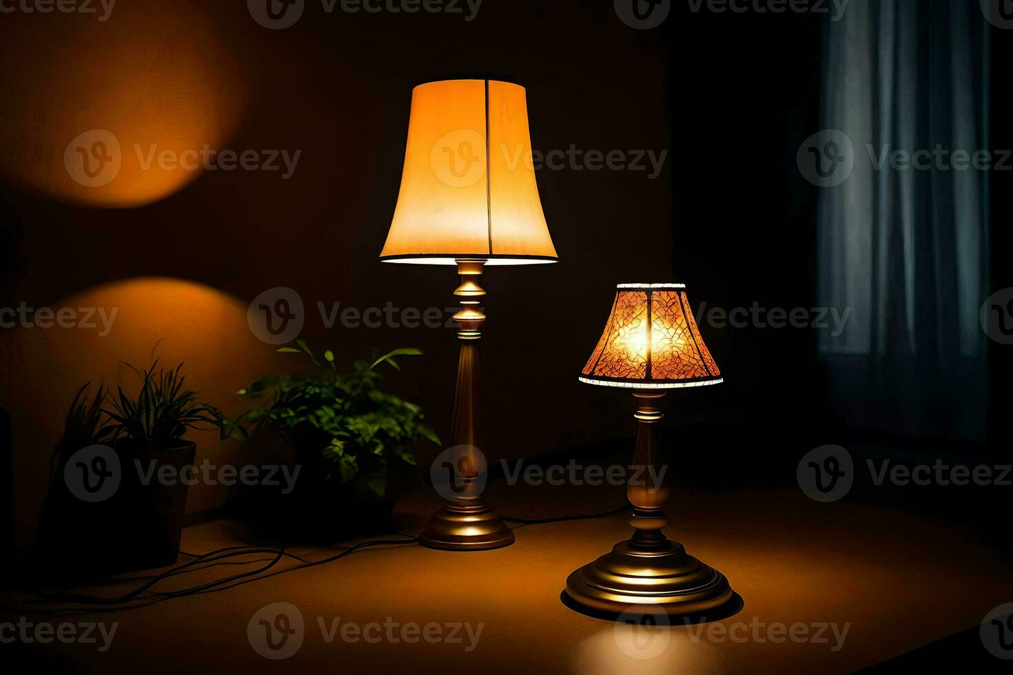 two lamps on a table in the dark. AI-Generated photo