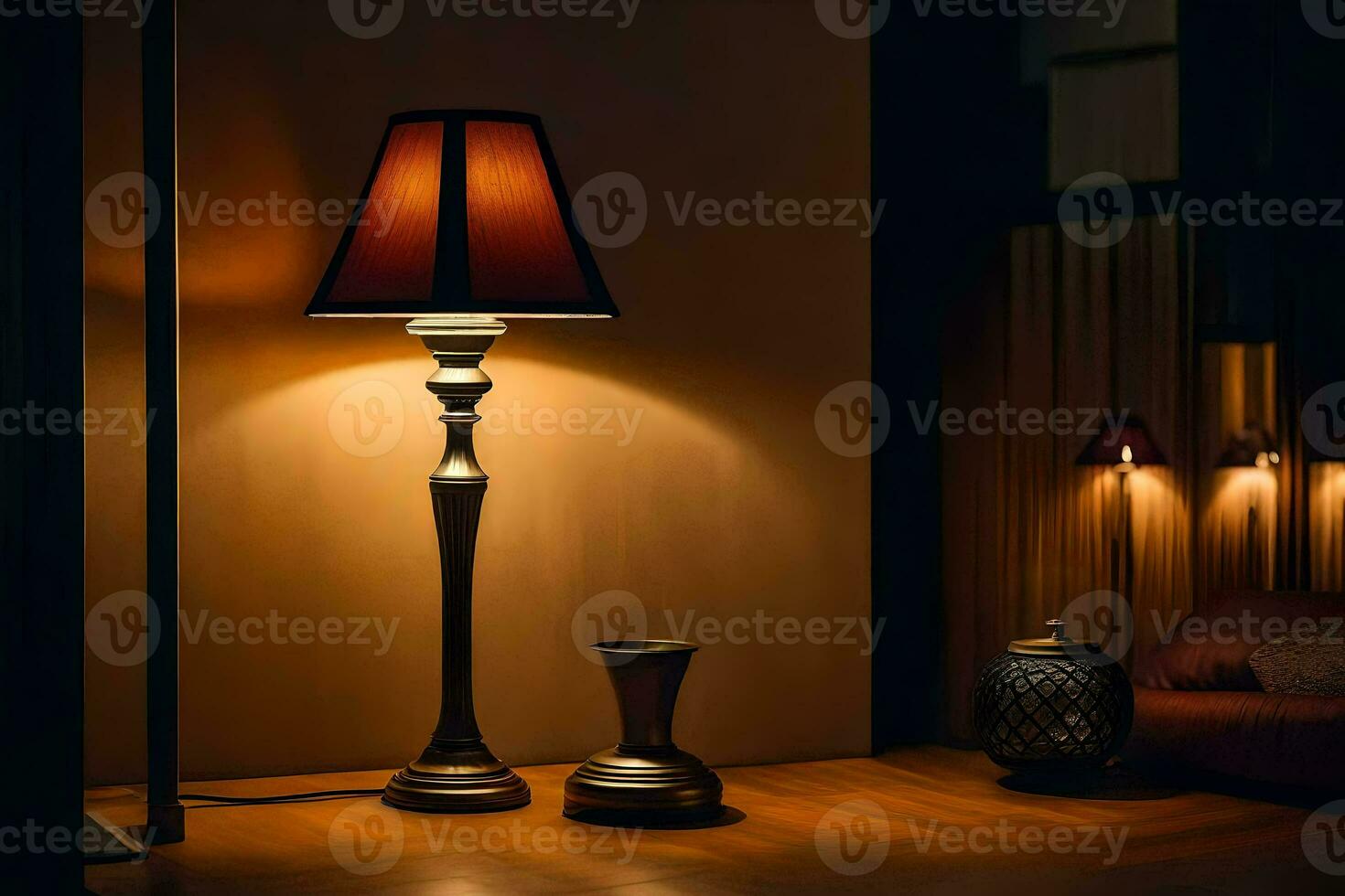 a lamp is on a table in a dark room. AI-Generated photo