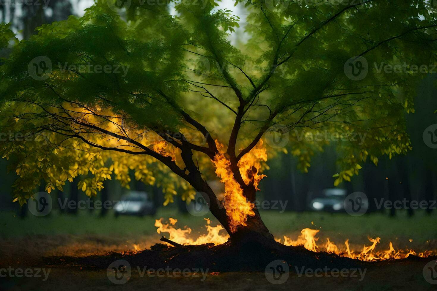 a tree with flames coming out of it in the middle of a field. AI-Generated photo