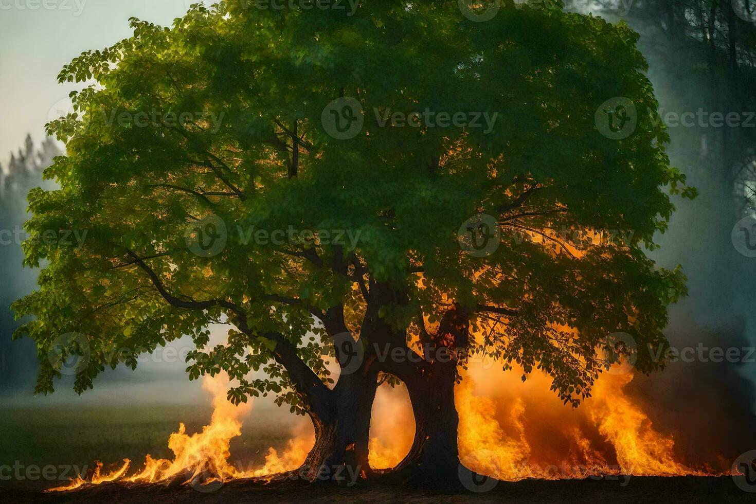 a tree is burning in the middle of a field. AI-Generated photo