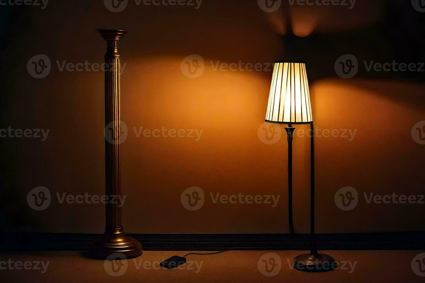 a lamp and a lamp stand in a dark room. AI-Generated photo