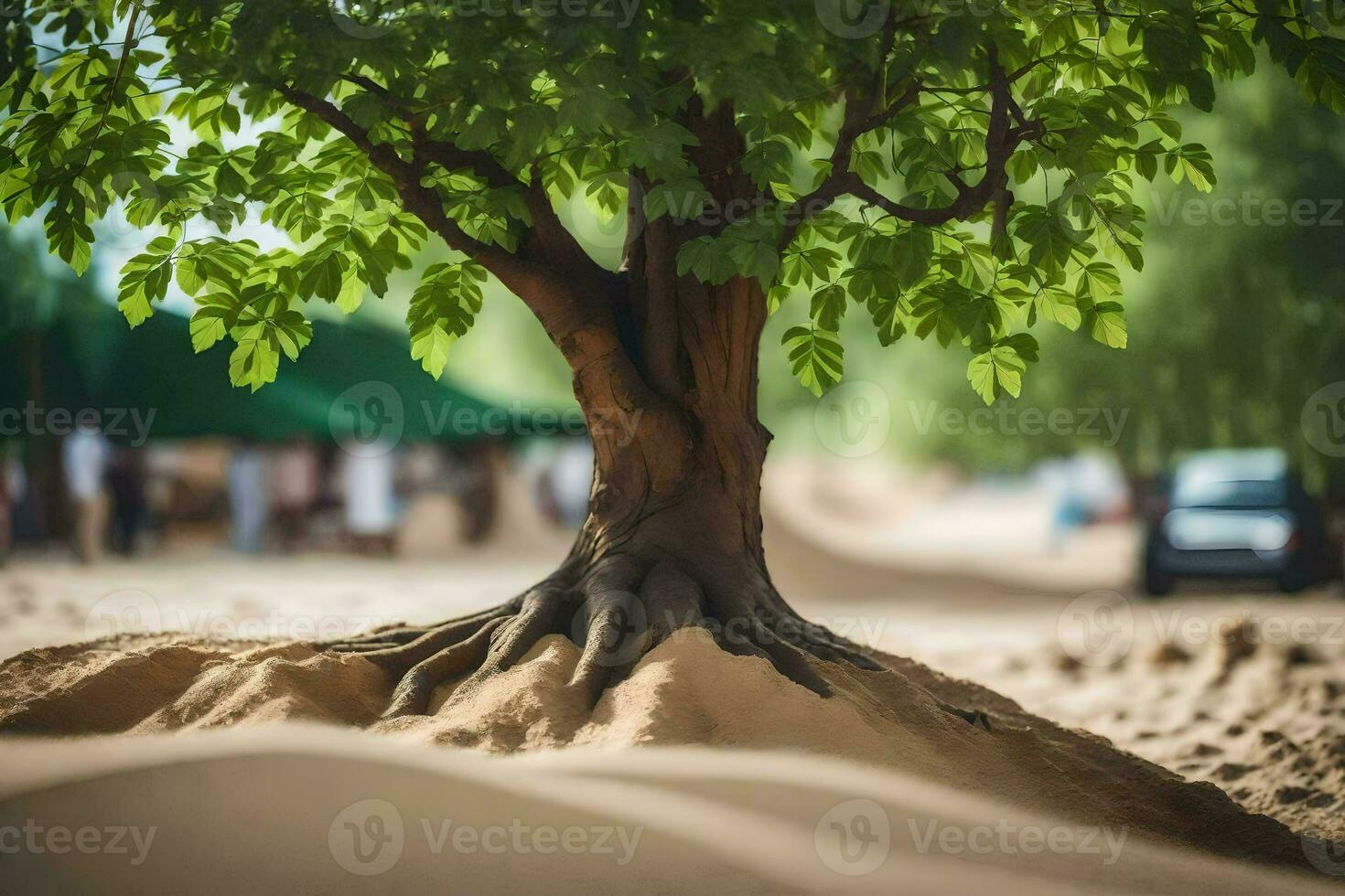 a tree growing out of the sand in the desert. AI-Generated photo