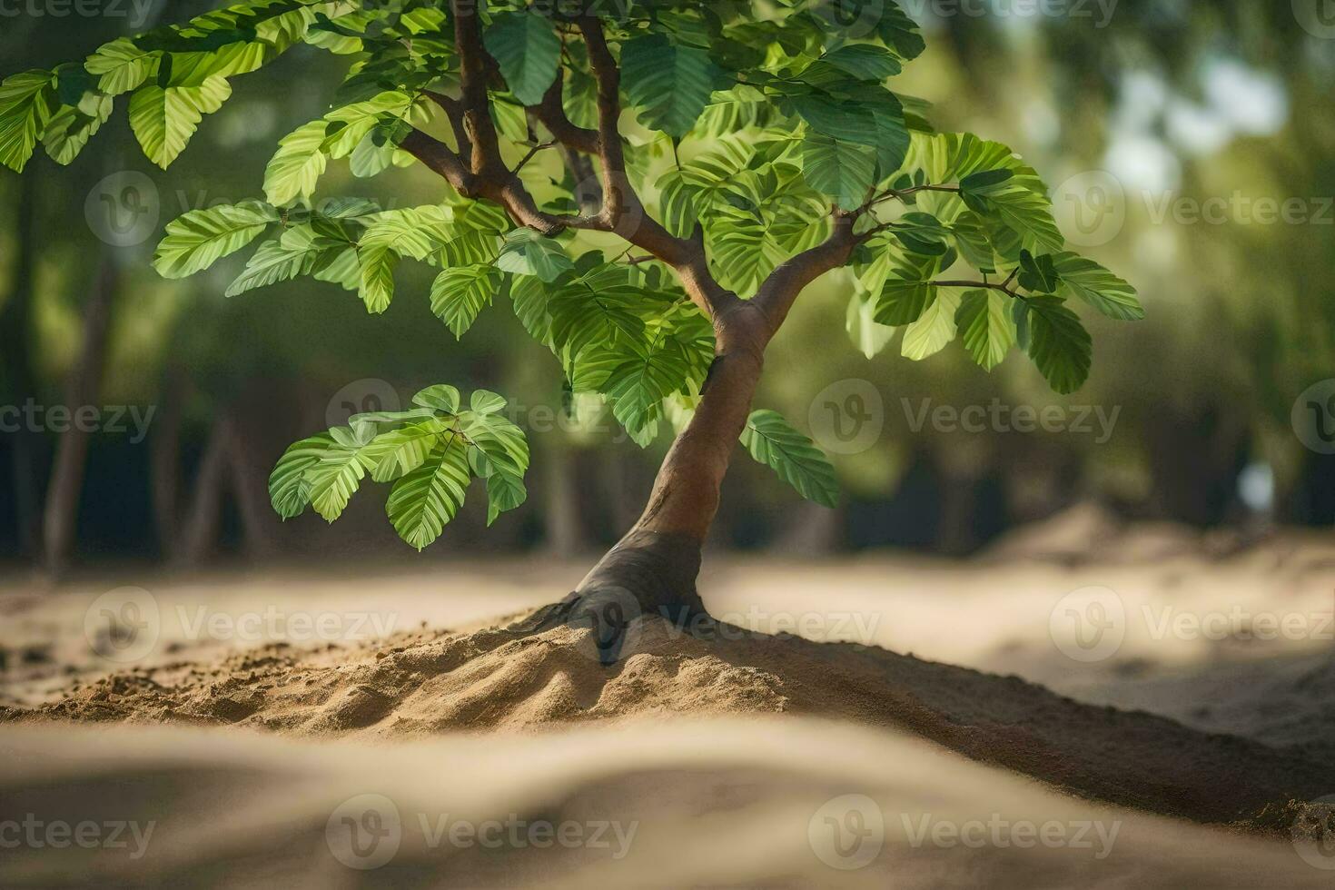 a small tree growing out of the sand. AI-Generated photo