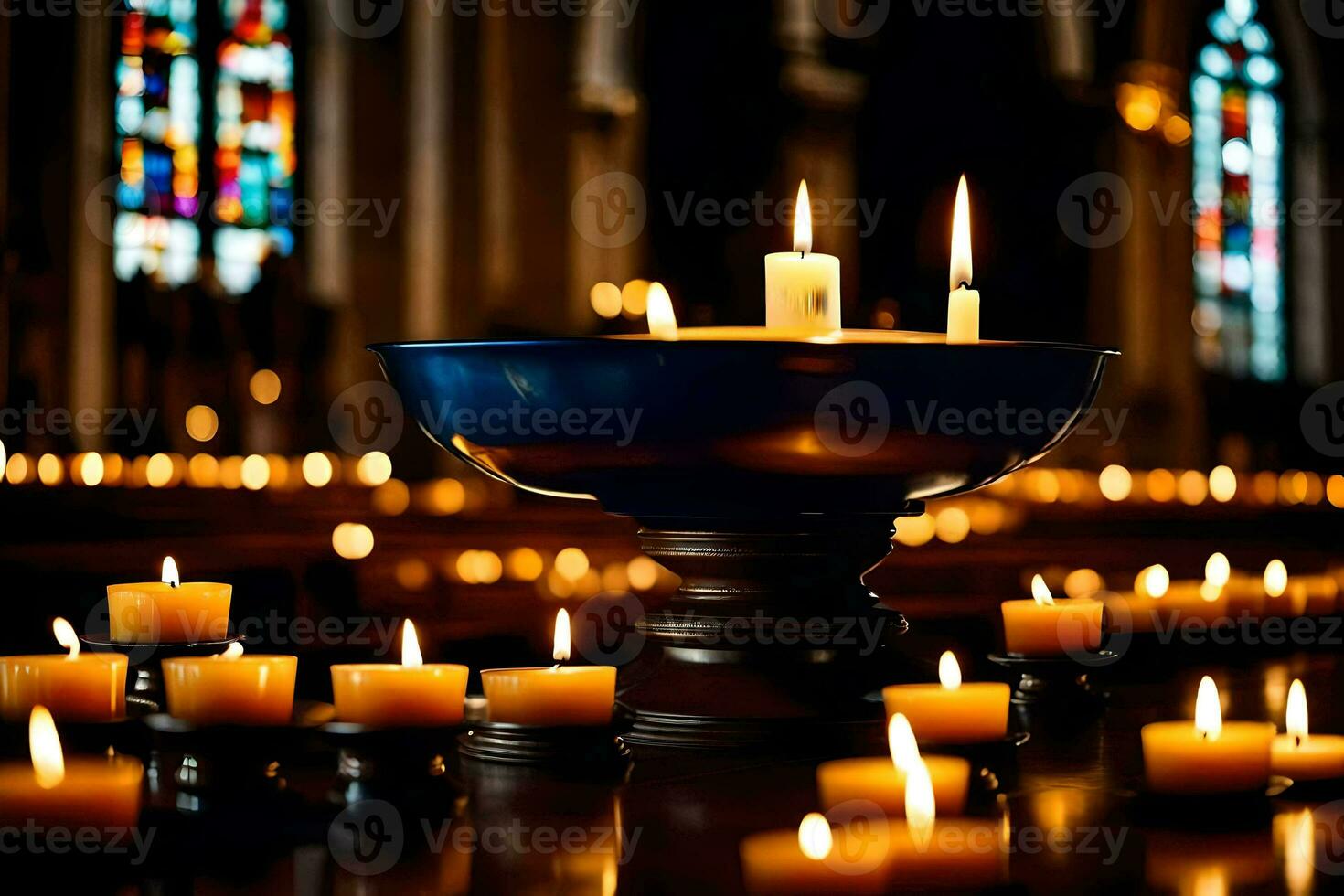 candles are lit in a church with candles in the background. AI-Generated photo