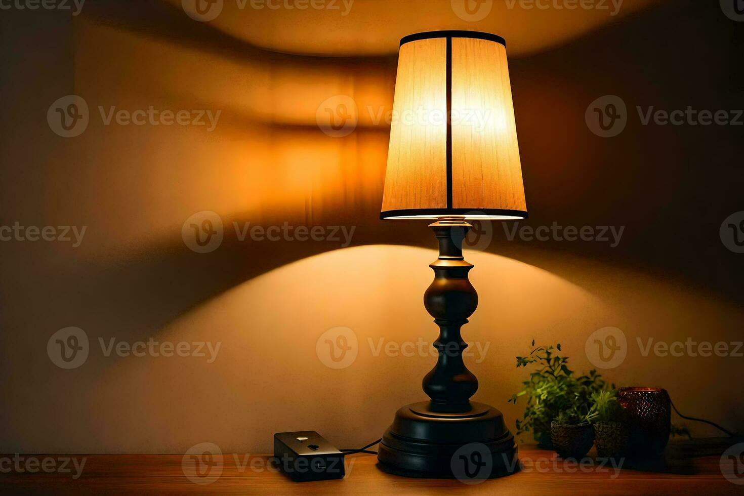 a lamp on a table with a plant on it. AI-Generated photo