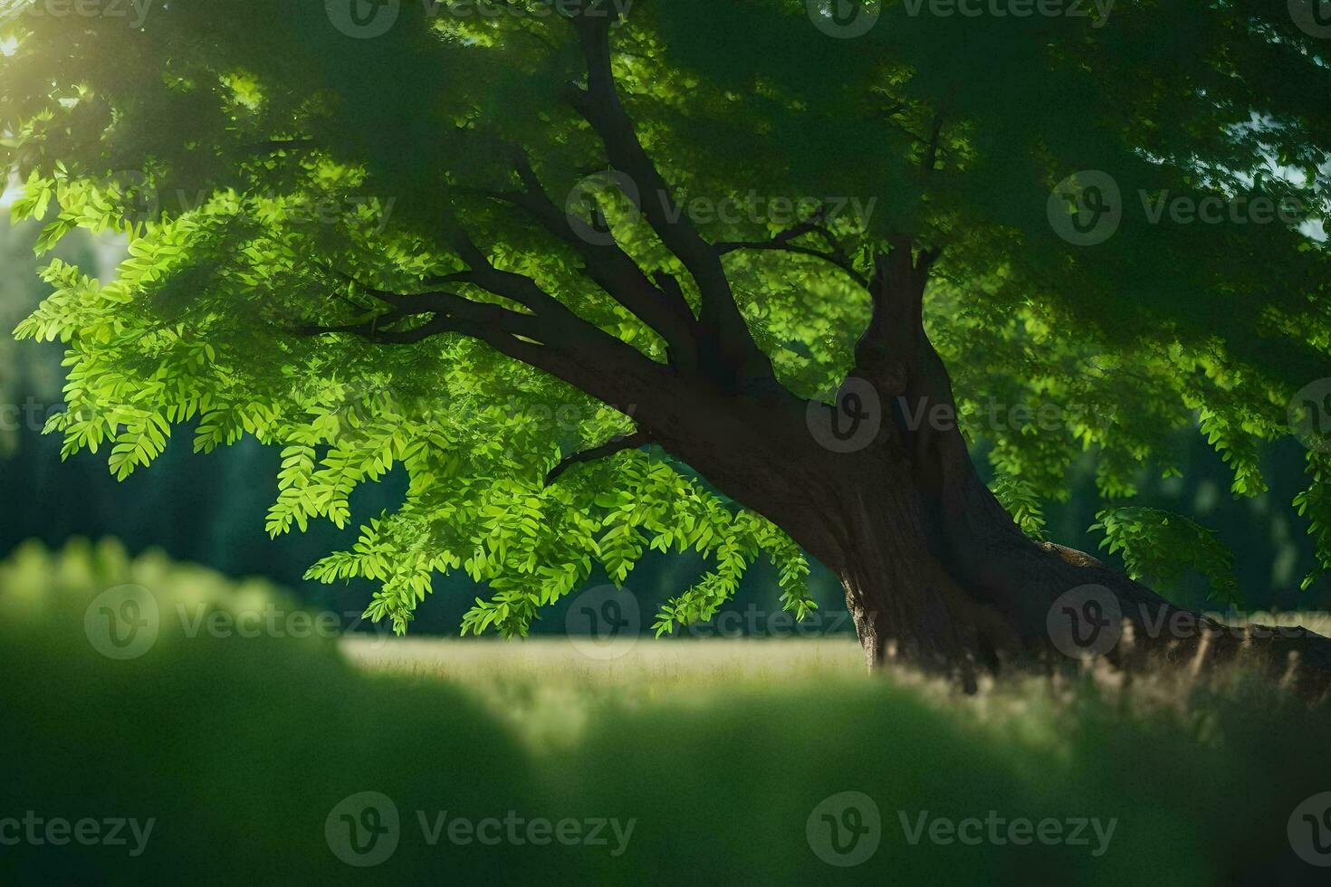 a tree in the middle of a field with sunlight shining through it. AI-Generated photo