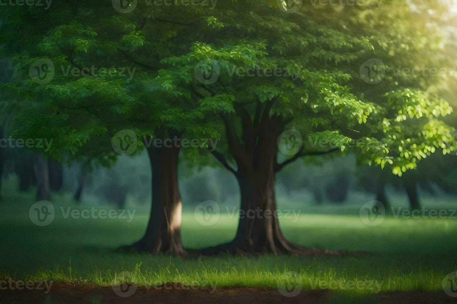 two trees in a green field with sunlight shining through. AI-Generated photo
