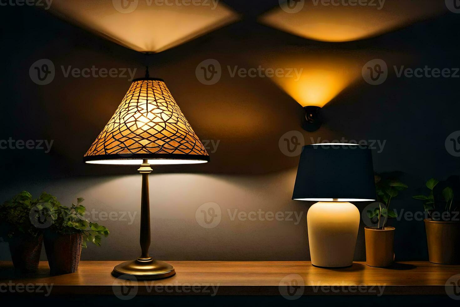 un lámpara en un mesa con un planta. generado por ai foto