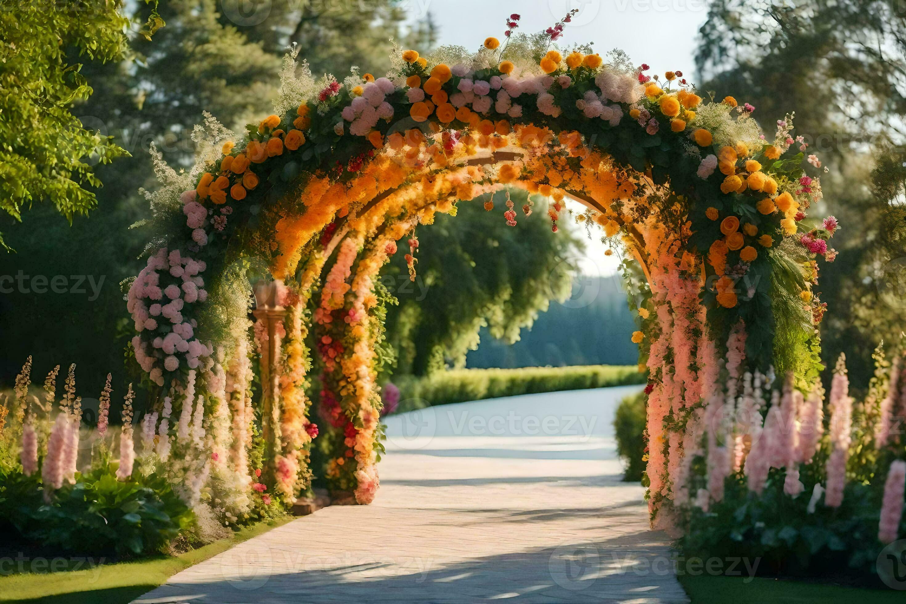a walkway with a flower archway leading to a garden. AIGenerated 30120108 Stock Photo at Vecteezy