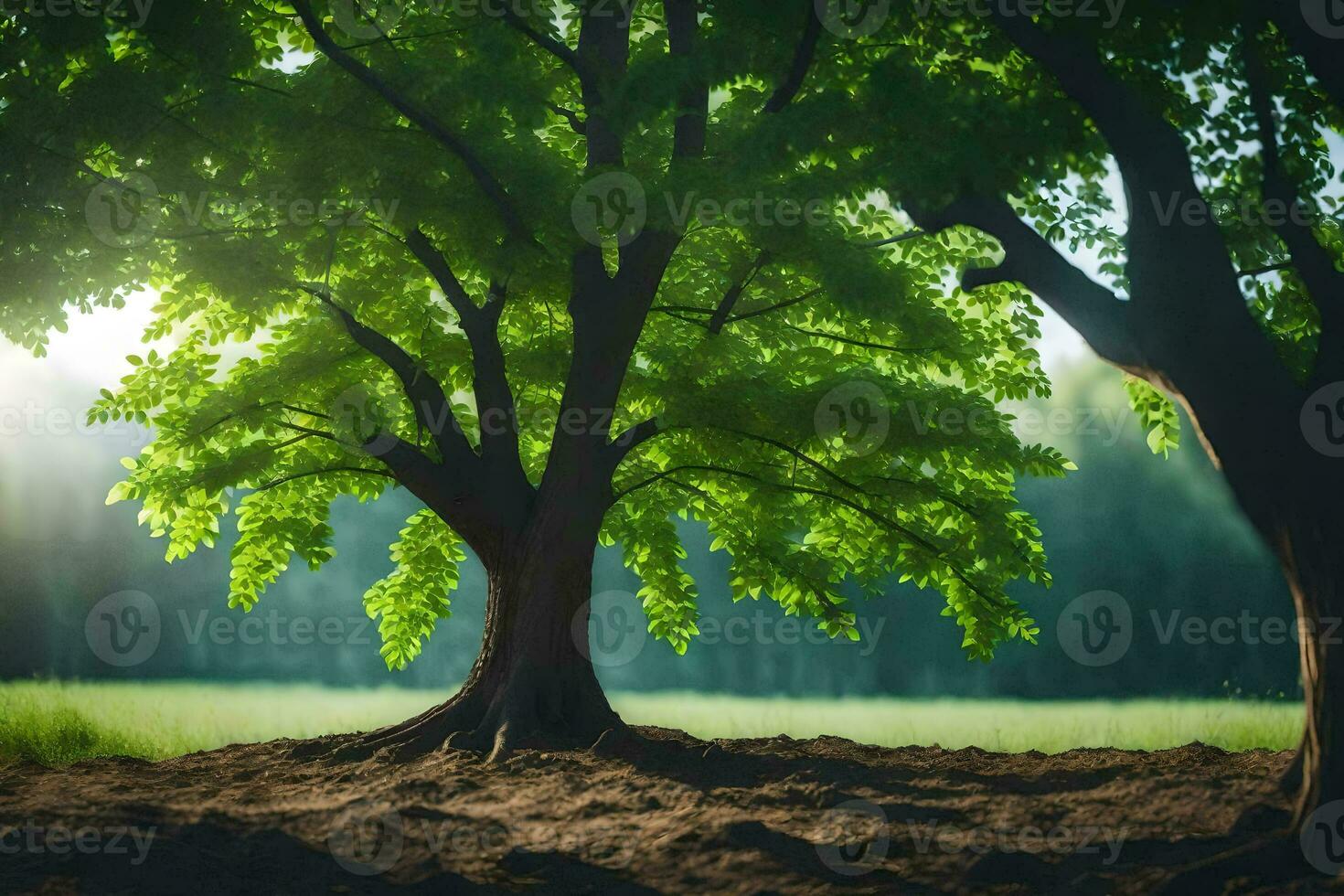 two trees in the middle of a field. AI-Generated photo