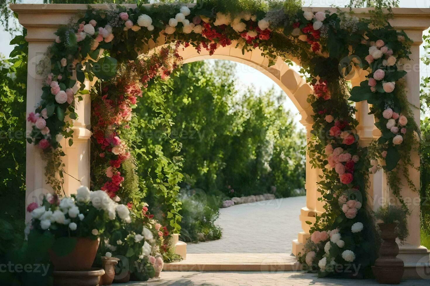 an archway with flowers and greenery. AI-Generated photo